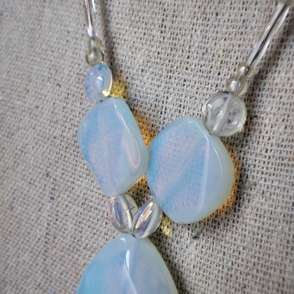 Blue Opalite Opaline Glass Y Design Necklace Silver Tone Barrel Clasp Artisan - Picture 9 of 9